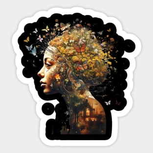 Woman With Flowers And Butterflies Surrounding Her Face Harmony of Life Sticker